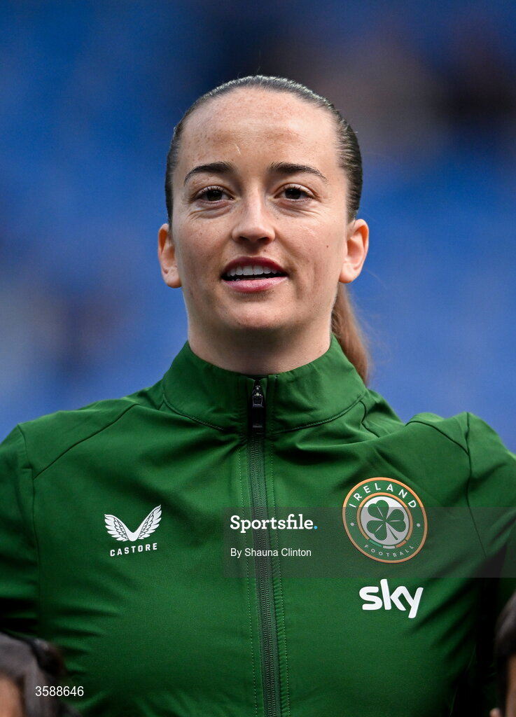 9 October 2026; Anna Patten of Republic of Ireland stands for the playing of the national anthem before the 2027 FIFA Women’s World Cup qualifying round 1 play-off first leg match between Kazakhstan and the Republic of Ireland at Astana Arena in Kazakhstan. Photo by Shauna Clinton/Sportsfile
