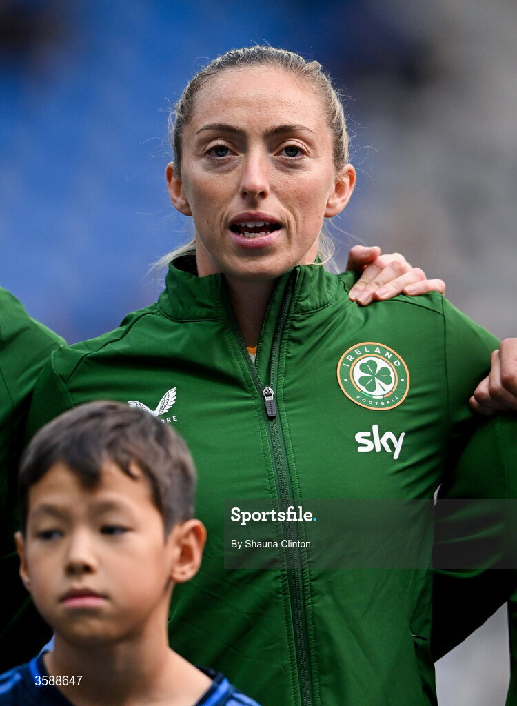 9 October 2026; Megan Connolly of Republic of Ireland stands for the playing of the national anthem before the 2027 FIFA Women’s World Cup qualifying round 1 play-off first leg match between Kazakhstan and the Republic of Ireland at Astana Arena in Kazakhstan. Photo by Shauna Clinton/Sportsfile