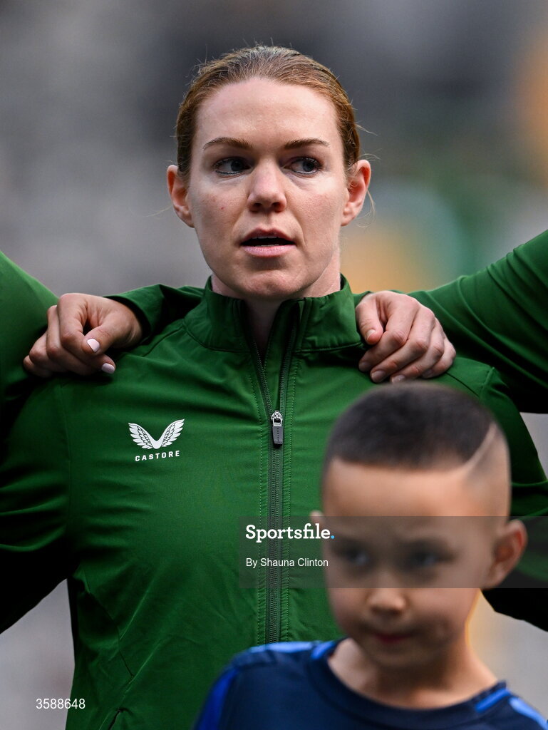 9 October 2026; Aoife Mannion of Republic of Ireland stands for the playing of the national anthem before the 2027 FIFA Women’s World Cup qualifying round 1 play-off first leg match between Kazakhstan and the Republic of Ireland at Astana Arena in Kazakhstan. Photo by Shauna Clinton/Sportsfile