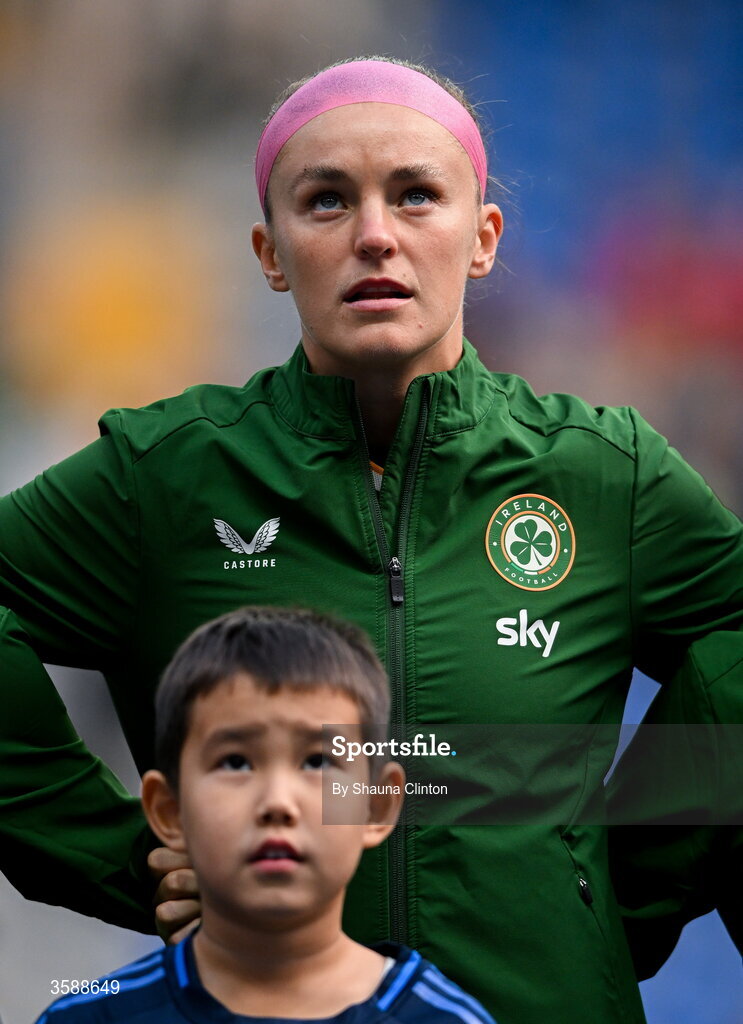 9 October 2026; Caitlin Hayes of Republic of Ireland stands for the playing of the national anthem before the 2027 FIFA Women’s World Cup qualifying round 1 play-off first leg match between Kazakhstan and the Republic of Ireland at Astana Arena in Kazakhstan. Photo by Shauna Clinton/Sportsfile