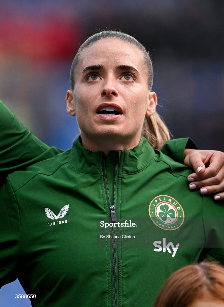 9 October 2026; Chloe Mustaki of Republic of Ireland stands for the playing of the national anthem before the 2027 FIFA Women’s World Cup qualifying round 1 play-off first leg match between Kazakhstan and the Republic of Ireland at Astana Arena in Kazakhstan. Photo by Shauna Clinton/Sportsfile