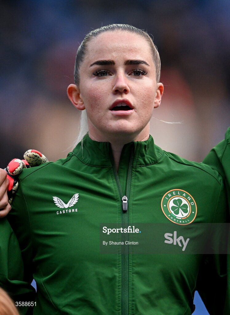 9 October 2026; Jessie Stapleton of Republic of Ireland stands for the playing of the national anthem before the 2027 FIFA Women’s World Cup qualifying round 1 play-off first leg match between Kazakhstan and the Republic of Ireland at Astana Arena in Kazakhstan. Photo by Shauna Clinton/Sportsfile