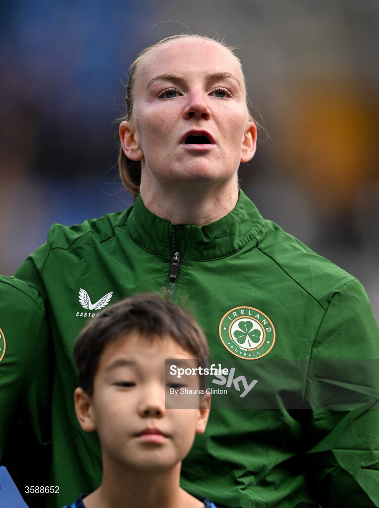 9 October 2026; Republic of Ireland goalkeeper Courtney Brosnan stands for the playing of the national anthem before the 2027 FIFA Women’s World Cup qualifying round 1 play-off first leg match between Kazakhstan and the Republic of Ireland at Astana Arena in Kazakhstan. Photo by Shauna Clinton/Sportsfile