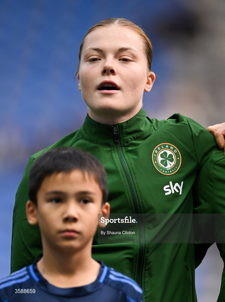 9 October 2026; Emily Murphy of Republic of Ireland stands for the playing of the national anthem before the 2027 FIFA Women’s World Cup qualifying round 1 play-off first leg match between Kazakhstan and the Republic of Ireland at Astana Arena in Kazakhstan. Photo by Shauna Clinton/Sportsfile