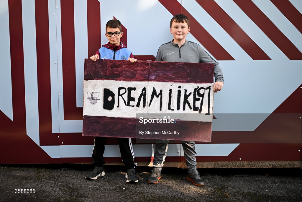 10 October 2026; Galway United supporters Joseph Kelly, left, and Noah O'Connell before the Club Orange Men's FAI Cup semi-final match between Galway and Derry City at Eamonn Deacy Park in Galway. Photo by Stephen McCarthy/Sportsfile