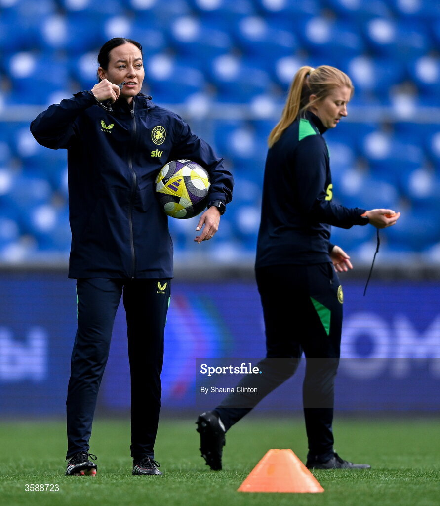 9 October 2026; Republic of Ireland assistant coach Amber Whiteley, left, and performance coach Holly Pickett before the 2027 FIFA Women’s World Cup qualifying round 1 play-off first leg match between Kazakhstan and the Republic of Ireland at Astana Arena in Kazakhstan. Photo by Shauna Clinton/Sportsfile