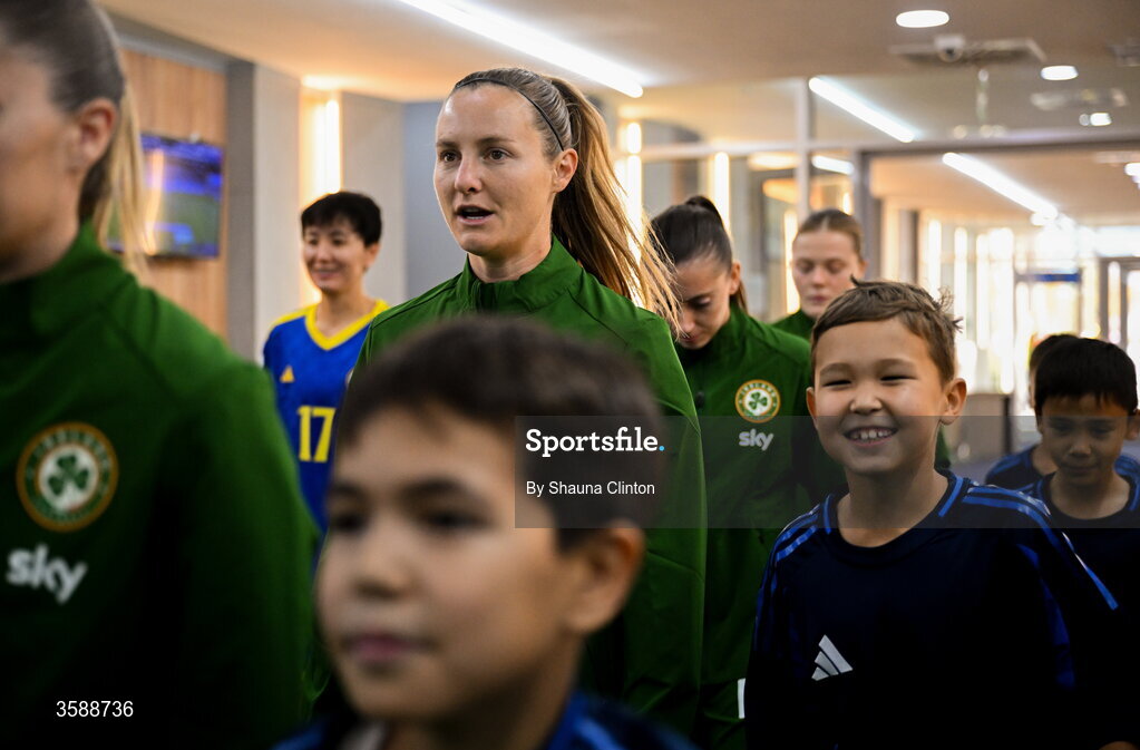 9 October 2026; Kyra Carusa of Republic of Ireland, centre, and team-mates with supporters before the 2027 FIFA Women’s World Cup qualifying round 1 play-off first leg match between Kazakhstan and the Republic of Ireland at Astana Arena in Kazakhstan. Photo by Shauna Clinton/Sportsfile