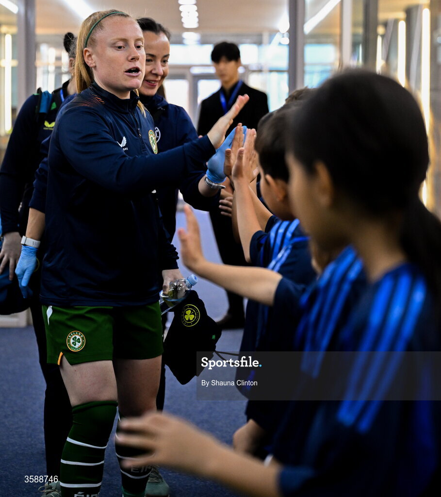 9 October 2026; Amber Barrett of Republic of Ireland with mascots before the 2027 FIFA Women’s World Cup qualifying round 1 play-off first leg match between Kazakhstan and the Republic of Ireland at Astana Arena in Kazakhstan. Photo by Shauna Clinton/Sportsfile