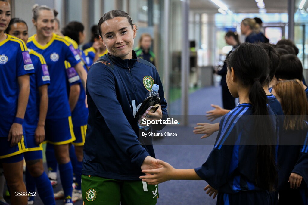 9 October 2026; Shanade Hopcroft of Republic of Ireland with mascots before the 2027 FIFA Women’s World Cup qualifying round 1 play-off first leg match between Kazakhstan and the Republic of Ireland at Astana Arena in Kazakhstan. Photo by Shauna Clinton/Sportsfile