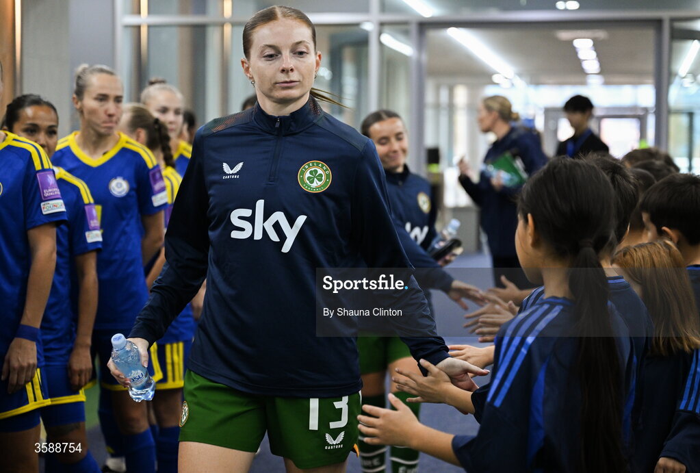 9 October 2026; Hayley Nolan of Republic of Ireland with mascots before the 2027 FIFA Women’s World Cup qualifying round 1 play-off first leg match between Kazakhstan and the Republic of Ireland at Astana Arena in Kazakhstan. Photo by Shauna Clinton/Sportsfile