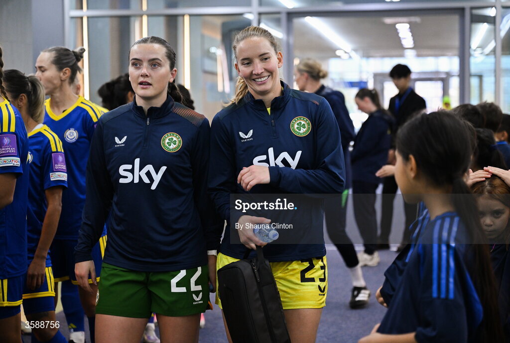 9 October 2026; Republic of Ireland players Tyler Toland, left, and Sophie Whitehouse with mascots before the 2027 FIFA Women’s World Cup qualifying round 1 play-off first leg match between Kazakhstan and the Republic of Ireland at Astana Arena in Kazakhstan. Photo by Shauna Clinton/Sportsfile