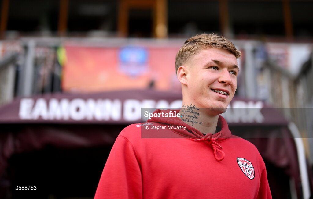 10 October 2026; Christy Grogan of Derry City before the Club Orange Men's FAI Cup semi-final match between Galway and Derry City at Eamonn Deacy Park in Galway. Photo by Stephen McCarthy/Sportsfile