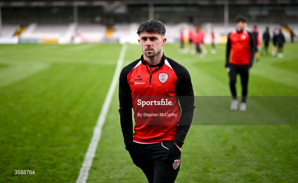 10 October 2026; Adam O'Reilly of Derry City before the Club Orange Men's FAI Cup semi-final match between Galway and Derry City at Eamonn Deacy Park in Galway. Photo by Stephen McCarthy/Sportsfile