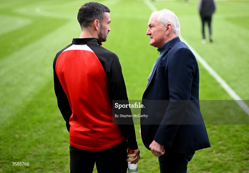 10 October 2026; Michael Duffy of Derry City and Galway United manager John Caulfield before the Club Orange Men's FAI Cup semi-final match between Galway and Derry City at Eamonn Deacy Park in Galway. Photo by Stephen McCarthy/Sportsfile