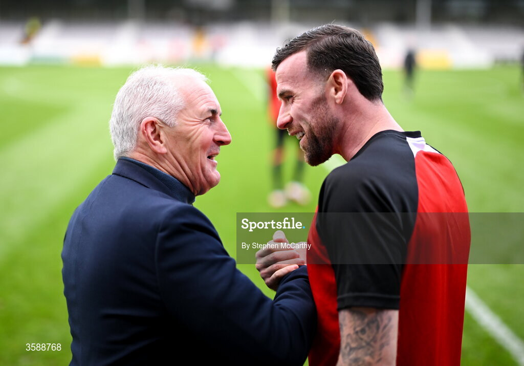 10 October 2026; Galway United manager John Caulfield and Patrick McClean of Derry City before the Club Orange Men's FAI Cup semi-final match between Galway and Derry City at Eamonn Deacy Park in Galway. Photo by Stephen McCarthy/Sportsfile