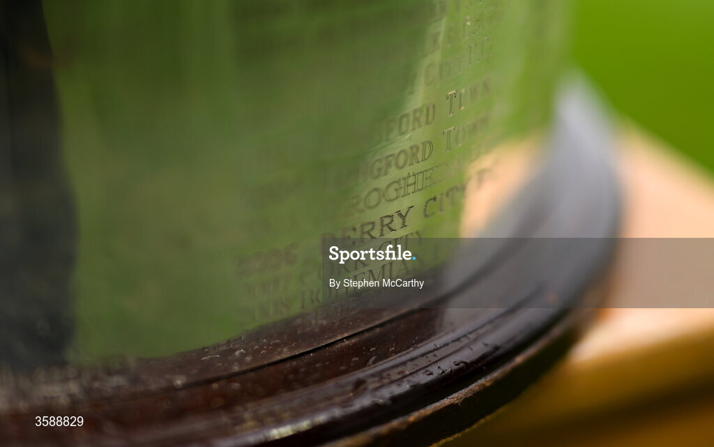 10 October 2026; A detaled view of the FAI Cup featuring the name of Derry City before the Club Orange Men's FAI Cup semi-final match between Galway and Derry City at Eamonn Deacy Park in Galway. Photo by Stephen McCarthy/Sportsfile