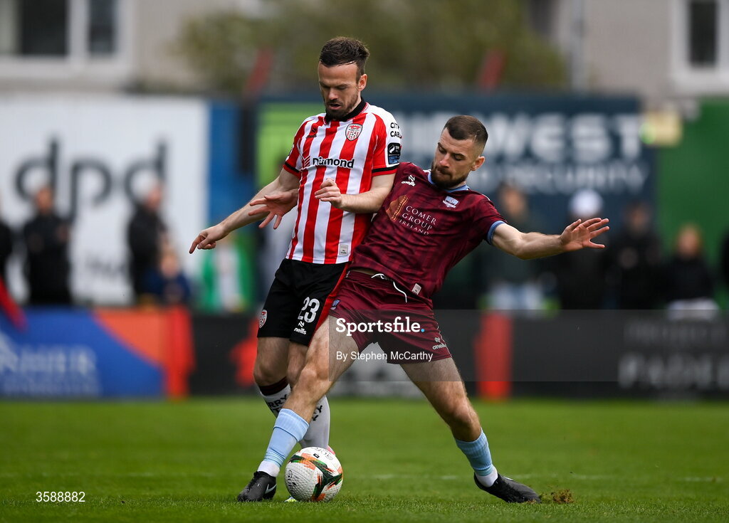 10 October 2026; Aaron Bolger of Galway United in action against Cameron Dummigan of Derry City during the Club Orange Men's FAI Cup semi-final match between Galway and Derry City at Eamonn Deacy Park in Galway. Photo by Stephen McCarthy/Sportsfile