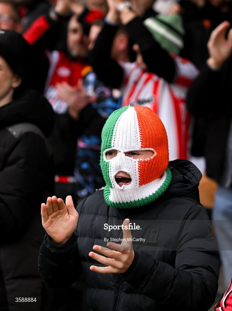 10 October 2026; A Derry City supporter during the Club Orange Men's FAI Cup semi-final match between Galway and Derry City at Eamonn Deacy Park in Galway. Photo by Stephen McCarthy/Sportsfile