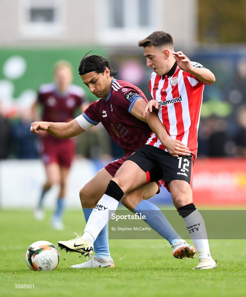 10 October 2026; Gianfranco Facchineri of Galway United in action against Darragh Burns of Derry City during the Club Orange Men's FAI Cup semi-final match between Galway and Derry City at Eamonn Deacy Park in Galway. Photo by Stephen McCarthy/Sportsfile