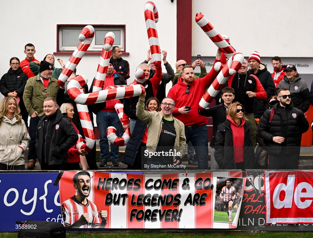 10 October 2026; Derry City supporters during the Club Orange Men's FAI Cup semi-final match between Galway and Derry City at Eamonn Deacy Park in Galway. Photo by Stephen McCarthy/Sportsfile