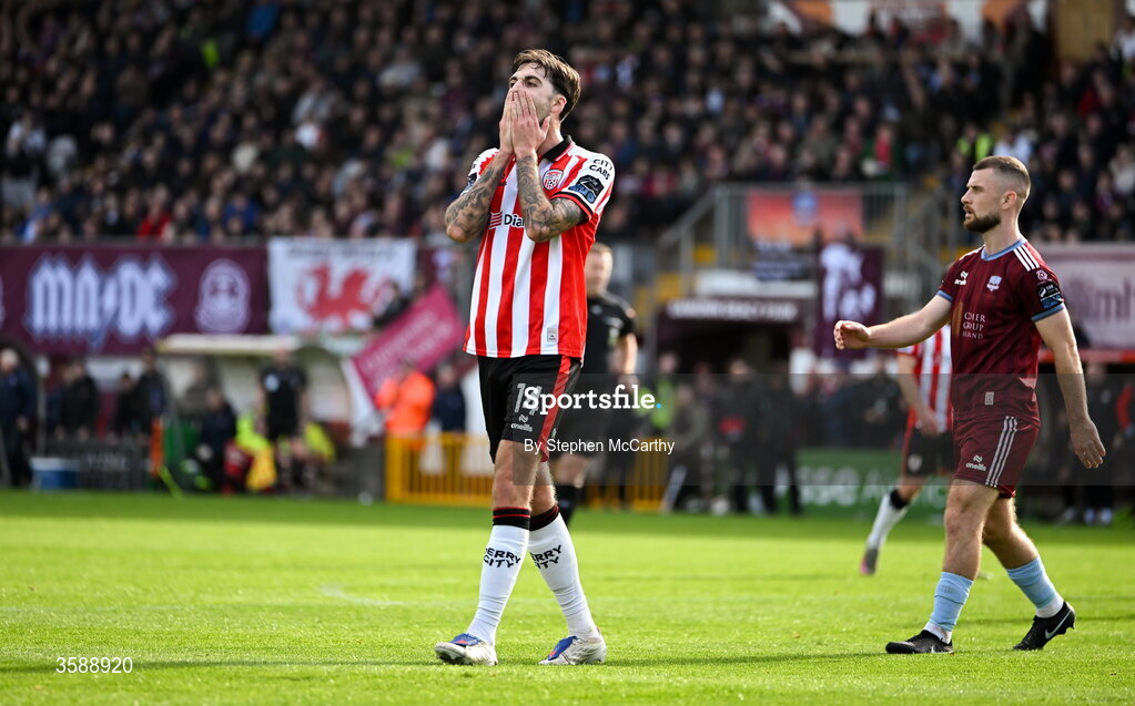 10 October 2026; Ellis Chapman of Derry City reacts to a missed opportunity on goal during the Club Orange Men's FAI Cup semi-final match between Galway and Derry City at Eamonn Deacy Park in Galway. Photo by Stephen McCarthy/Sportsfile