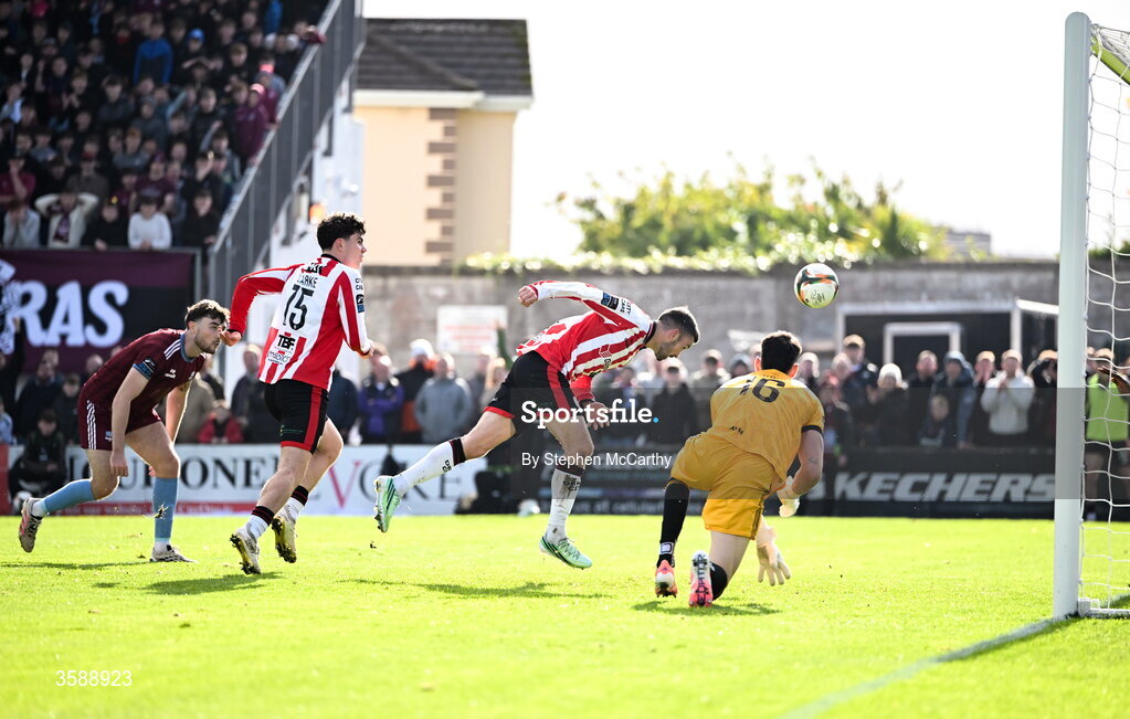 10 October 2026; Michael Duffy of Derry City heads his side's first goal during the Club Orange Men's FAI Cup semi-final match between Galway and Derry City at Eamonn Deacy Park in Galway. Photo by Stephen McCarthy/Sportsfile
