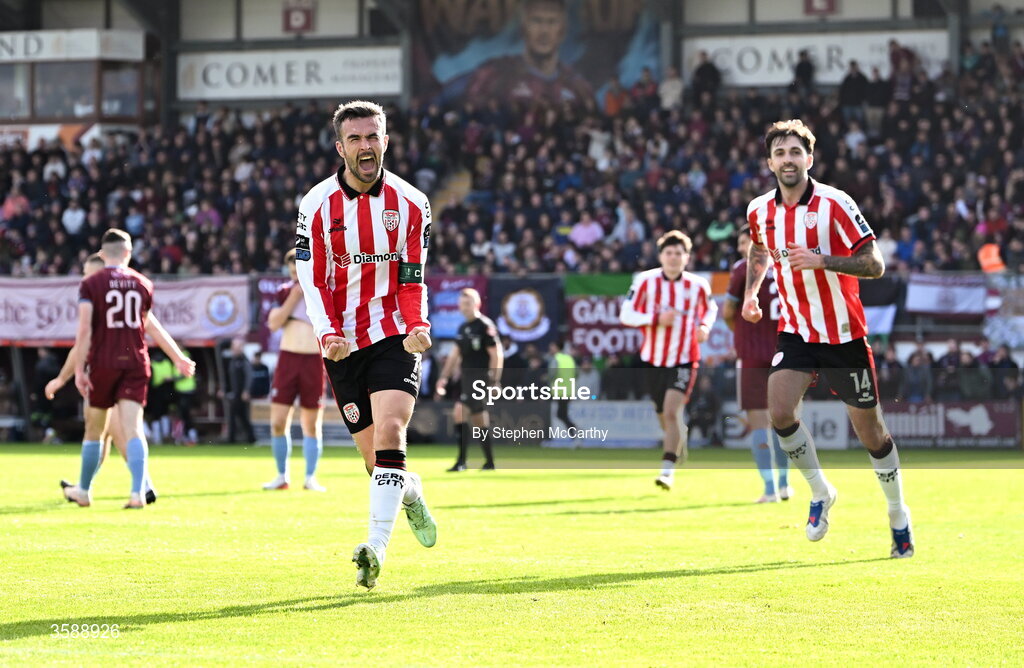 10 October 2026; Michael Duffy of Derry City celebrates after scoring his side's first goal during the Club Orange Men's FAI Cup semi-final match between Galway and Derry City at Eamonn Deacy Park in Galway. Photo by Stephen McCarthy/Sportsfile
