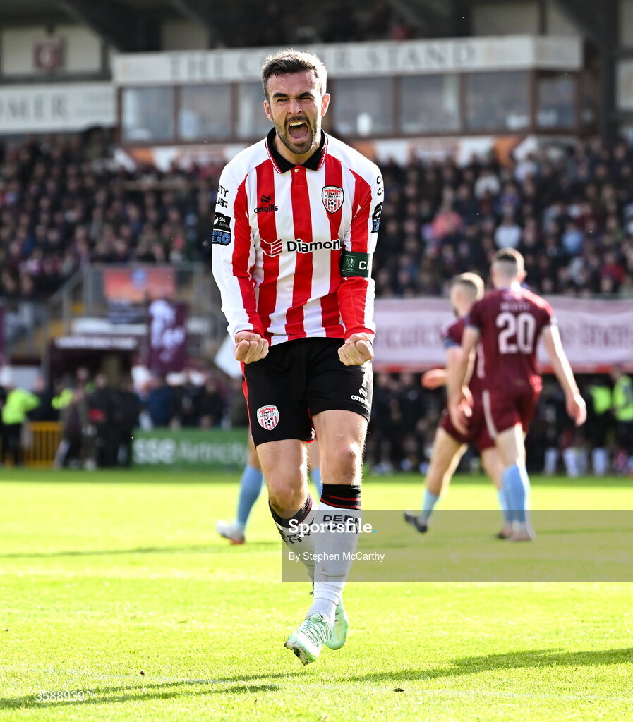 10 October 2026; Michael Duffy of Derry City celebrates after scoring his side's first goal during the Club Orange Men's FAI Cup semi-final match between Galway and Derry City at Eamonn Deacy Park in Galway. Photo by Stephen McCarthy/Sportsfile