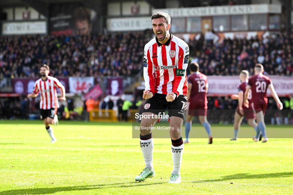 10 October 2026; Michael Duffy of Derry City celebrates after scoring his side's first goal during the Club Orange Men's FAI Cup semi-final match between Galway and Derry City at Eamonn Deacy Park in Galway. Photo by Stephen McCarthy/Sportsfile
