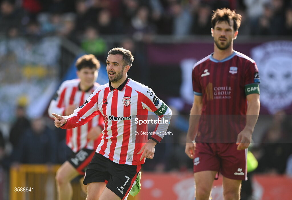 10 October 2026; Michael Duffy of Derry City celebrates after scoring his side's first goal during the Club Orange Men's FAI Cup semi-final match between Galway and Derry City at Eamonn Deacy Park in Galway. Photo by Stephen McCarthy/Sportsfile