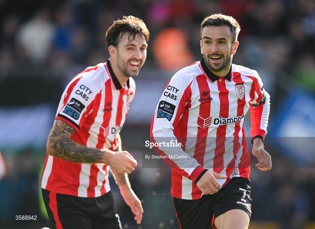 10 October 2026; Michael Duffy of Derry City celebrates after scoring his side's first goal during the Club Orange Men's FAI Cup semi-final match between Galway and Derry City at Eamonn Deacy Park in Galway. Photo by Stephen McCarthy/Sportsfile