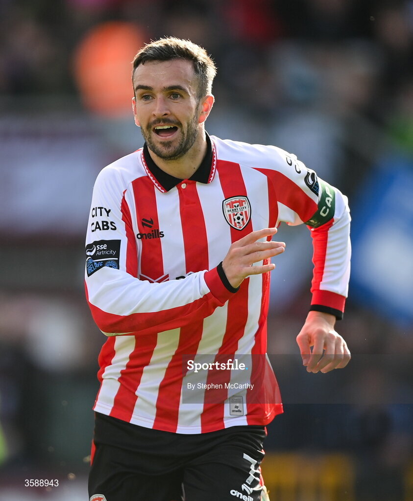 10 October 2026; Michael Duffy of Derry City celebrates after scoring his side's first goal during the Club Orange Men's FAI Cup semi-final match between Galway and Derry City at Eamonn Deacy Park in Galway. Photo by Stephen McCarthy/Sportsfile