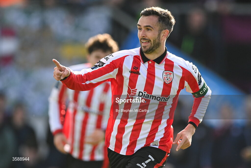 10 October 2026; Michael Duffy of Derry City celebrates after scoring his side's first goal during the Club Orange Men's FAI Cup semi-final match between Galway and Derry City at Eamonn Deacy Park in Galway. Photo by Stephen McCarthy/Sportsfile