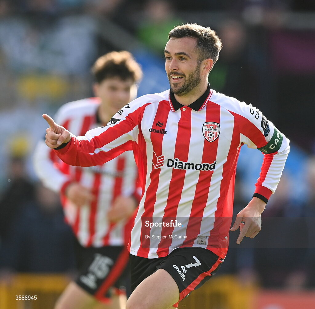 10 October 2026; Michael Duffy of Derry City celebrates after scoring his side's first goal during the Club Orange Men's FAI Cup semi-final match between Galway and Derry City at Eamonn Deacy Park in Galway. Photo by Stephen McCarthy/Sportsfile
