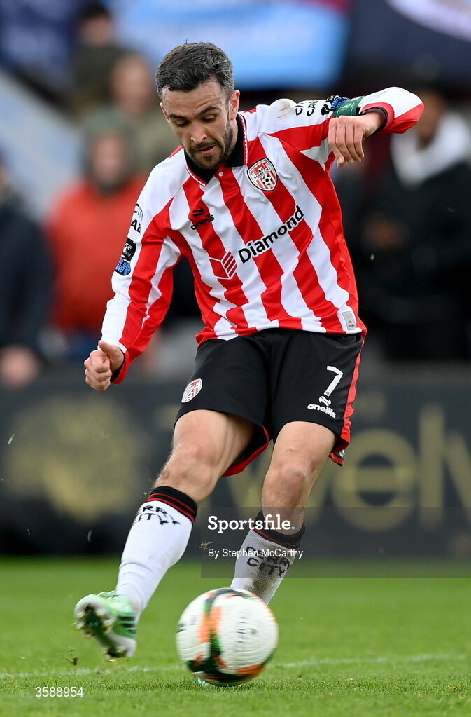10 October 2026; Michael Duffy of Derry City scores his side's second goal during the Club Orange Men's FAI Cup semi-final match between Galway and Derry City at Eamonn Deacy Park in Galway. Photo by Stephen McCarthy/Sportsfile