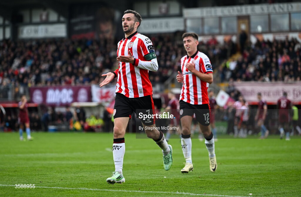 10 October 2026; Michael Duffy of Derry City celebrates after scoring his side's second goal during the Club Orange Men's FAI Cup semi-final match between Galway and Derry City at Eamonn Deacy Park in Galway. Photo by Stephen McCarthy/Sportsfile