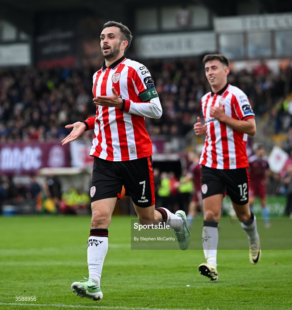 10 October 2026; Michael Duffy of Derry City celebrates after scoring his side's second goal during the Club Orange Men's FAI Cup semi-final match between Galway and Derry City at Eamonn Deacy Park in Galway. Photo by Stephen McCarthy/Sportsfile