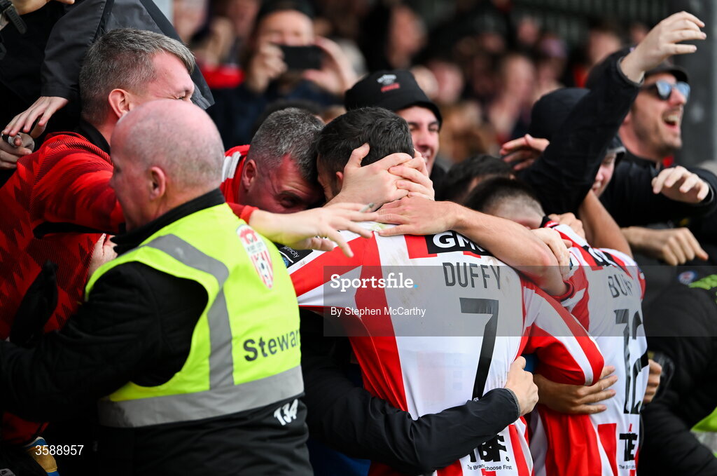 10 October 2026; Michael Duffy of Derry City celebrates with supporters after scoring his side's second goal during the Club Orange Men's FAI Cup semi-final match between Galway and Derry City at Eamonn Deacy Park in Galway. Photo by Stephen McCarthy/Sportsfile