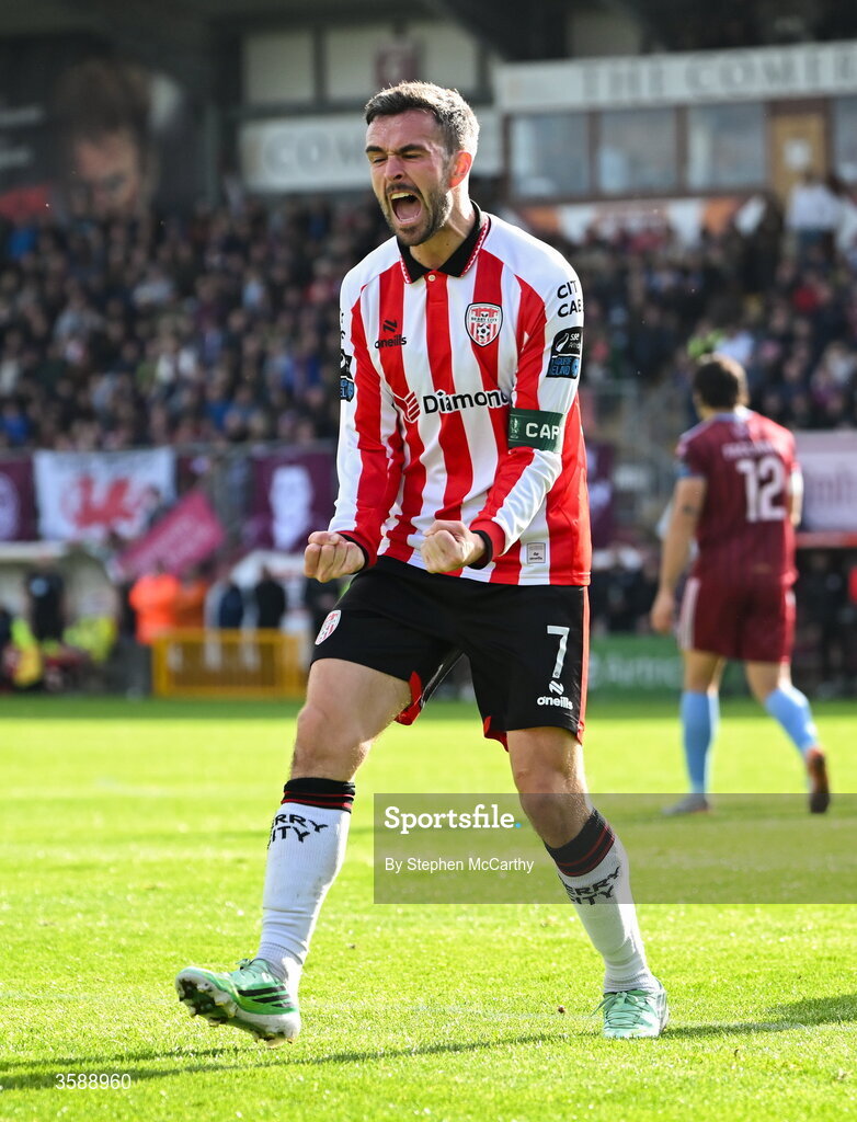 10 October 2026; Michael Duffy of Derry City celebrates after scoring his side's first goal during the Club Orange Men's FAI Cup semi-final match between Galway and Derry City at Eamonn Deacy Park in Galway. Photo by Stephen McCarthy/Sportsfile