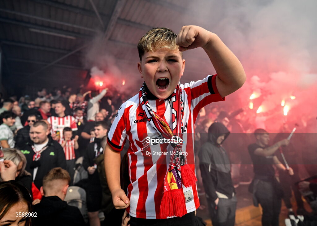 10 October 2026; Derry City supporter Braelin Diver celebrates his side's opening goal during the Club Orange Men's FAI Cup semi-final match between Galway and Derry City at Eamonn Deacy Park in Galway. Photo by Stephen McCarthy/Sportsfile