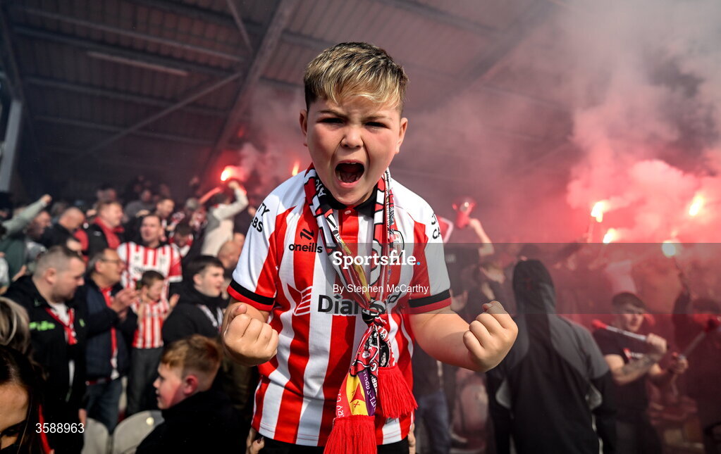 10 October 2026; Derry City supporter Braelin Diver celebrates his side's opening goal during the Club Orange Men's FAI Cup semi-final match between Galway and Derry City at Eamonn Deacy Park in Galway. Photo by Stephen McCarthy/Sportsfile