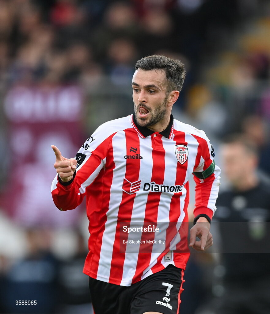 10 October 2026; Michael Duffy of Derry City celebrates after scoring his side's second goal during the Club Orange Men's FAI Cup semi-final match between Galway and Derry City at Eamonn Deacy Park in Galway. Photo by Stephen McCarthy/Sportsfile
