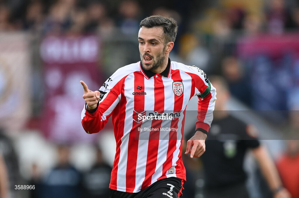 10 October 2026; Michael Duffy of Derry City celebrates after scoring his side's second goal during the Club Orange Men's FAI Cup semi-final match between Galway and Derry City at Eamonn Deacy Park in Galway. Photo by Stephen McCarthy/Sportsfile