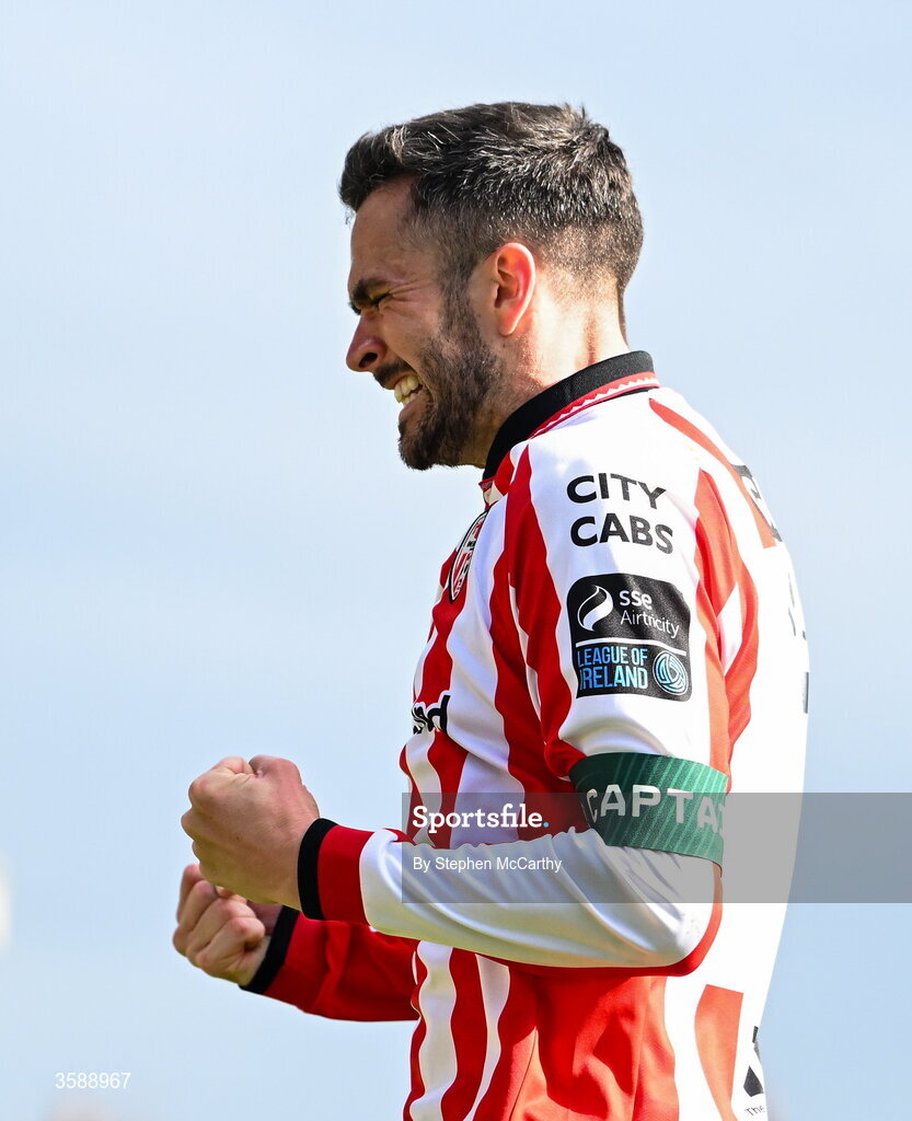 10 October 2026; Michael Duffy of Derry City celebrates after scoring his side's first goal during the Club Orange Men's FAI Cup semi-final match between Galway and Derry City at Eamonn Deacy Park in Galway. Photo by Stephen McCarthy/Sportsfile