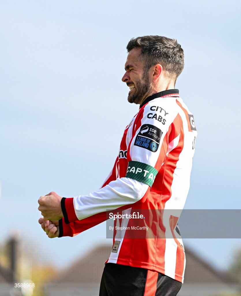 10 October 2026; Michael Duffy of Derry City celebrates after scoring his side's first goal during the Club Orange Men's FAI Cup semi-final match between Galway and Derry City at Eamonn Deacy Park in Galway. Photo by Stephen McCarthy/Sportsfile