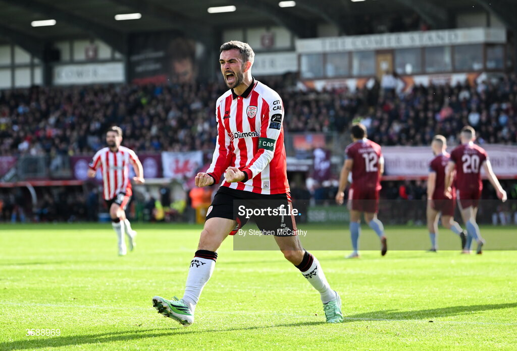 10 October 2026; Michael Duffy of Derry City celebrates after scoring his side's first goal during the Club Orange Men's FAI Cup semi-final match between Galway and Derry City at Eamonn Deacy Park in Galway. Photo by Stephen McCarthy/Sportsfile