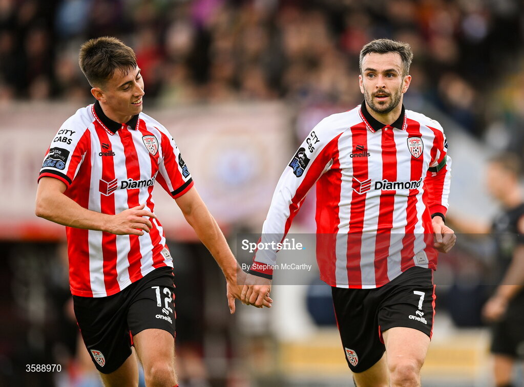 10 October 2026; Michael Duffy of Derry City celebrates with team-mate Darragh Burns, left, after scoring his side's second goal during the Club Orange Men's FAI Cup semi-final match between Galway and Derry City at Eamonn Deacy Park in Galway. Photo by Stephen McCarthy/Sportsfile