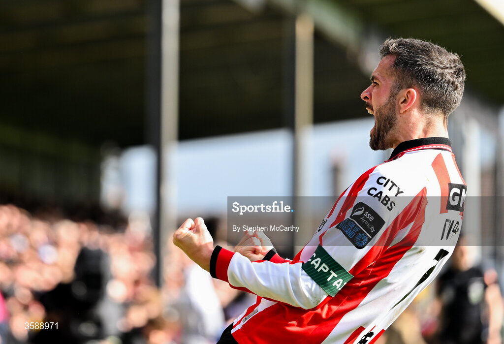 10 October 2026; Michael Duffy of Derry City celebrates after scoring his side's first goal during the Club Orange Men's FAI Cup semi-final match between Galway and Derry City at Eamonn Deacy Park in Galway. Photo by Stephen McCarthy/Sportsfile