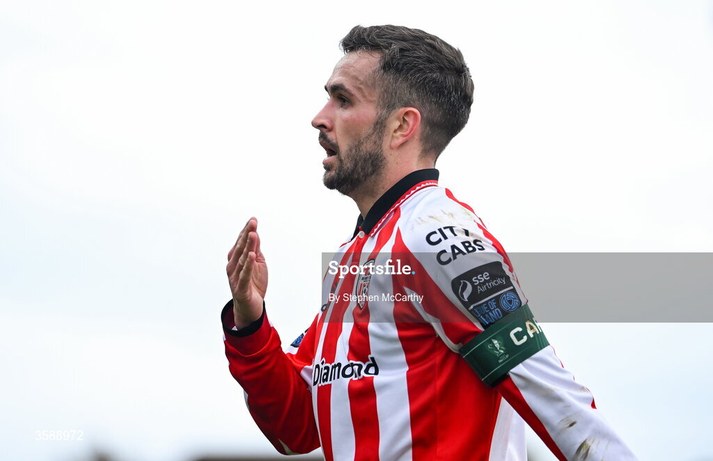 10 October 2026; Michael Duffy of Derry City celebrates after scoring his side's second goal during the Club Orange Men's FAI Cup semi-final match between Galway and Derry City at Eamonn Deacy Park in Galway. Photo by Stephen McCarthy/Sportsfile