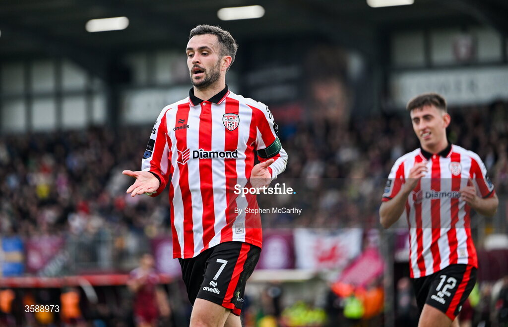 10 October 2026; Michael Duffy of Derry City celebrates after scoring his side's second goal during the Club Orange Men's FAI Cup semi-final match between Galway and Derry City at Eamonn Deacy Park in Galway. Photo by Stephen McCarthy/Sportsfile